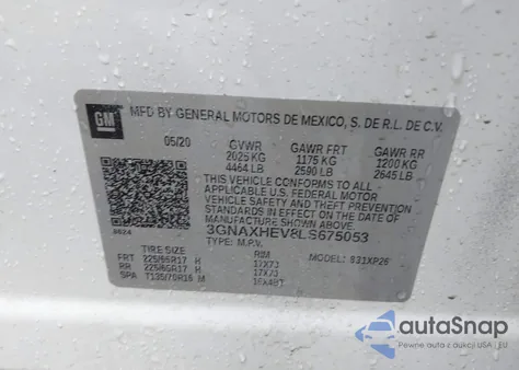 2020 Chevrolet Equinox Fwd Ls z USA, uszkodzony, nr VIN 3GNAXHEV8LS675053